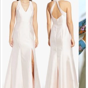 Alfred Sung halter satin trumpet gown in blush